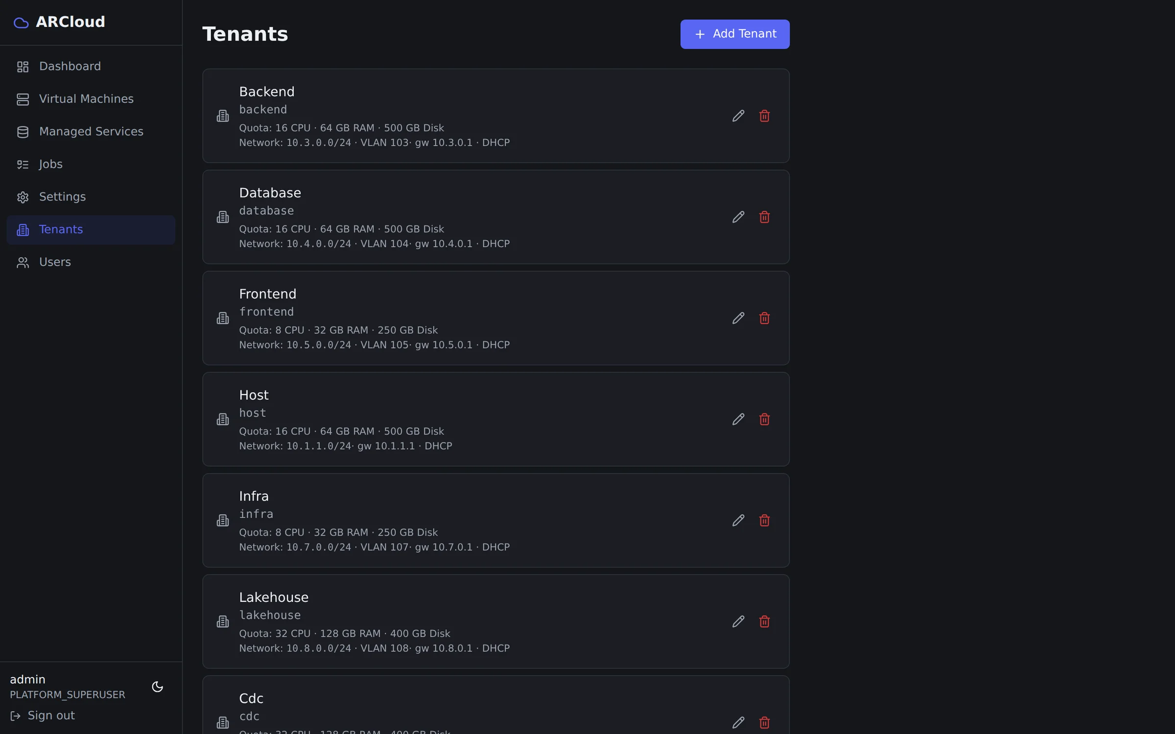 ARCloud — tenants